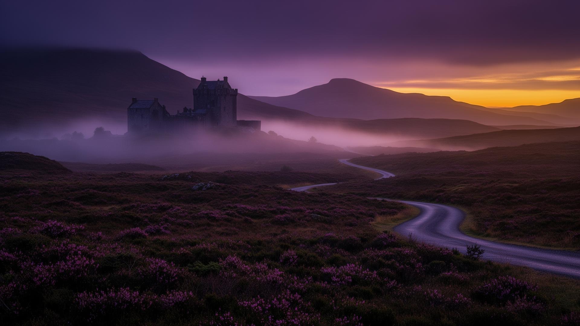 Misty Scottish Highlands at dusk with a stone castle on a heather-covered moor